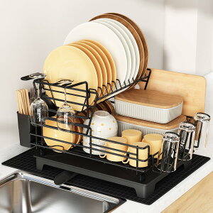 MAJALiS 水切りラック シンク上 食器ラック 水切りカゴ 台所 包丁スタンド 箸立て 吸水マット付き 自動排水 自然乾燥可能 組み立て簡単 2段式「ブラック」長さ43.5*幅35*高さ17CM