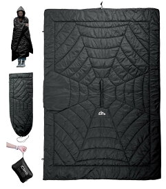 【iClimb （アィクライム）】フード付きキャンプブランケット 収納袋一体型 紛失防止 超軽量0.56kg 着られる ポンチョ 多用途 簡易寝袋 寝袋インナー 連結可能 中綿80g/平方メートル 防寒 防災（ブラック 200×145cm）
