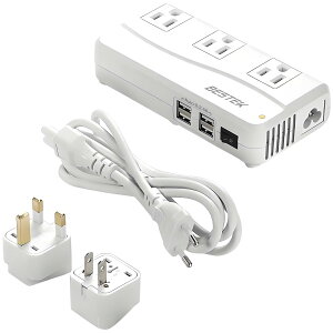 BESTEK 海外 旅行用変圧器 海外コンセント 変圧器 90V-240V to 100V 変換 ACコンセント 3口 + USB 4ポート 変換プラグ 付き A B BF C O O2 B3 SE プラグ対応 MRJ201GU-WH