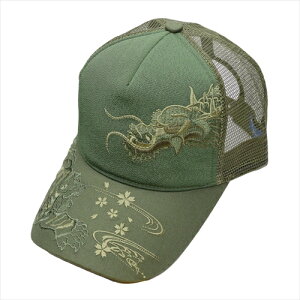 Ripple ZAKKA 刺繍メッシュキャップ モノトーン龍虎A カーキ 和柄 刺繍 帽子 キャップ メンズキャップ帽子 男性帽子 おしゃれ帽子 メンズ帽子 刺繍入り 和風 刺繍キャップ 龍虎 男性 かっこいい