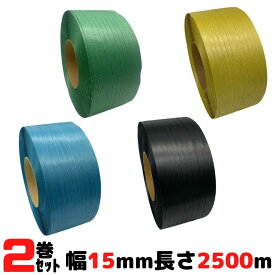 PPバンド 幅15mm 長さ2500m 2巻セット グリーンライトバンド 青 黒 緑 黄 自動梱包機用 リサイクルバンド 再生PPバンド eSH ストッパー 手締め SDGs [L3]