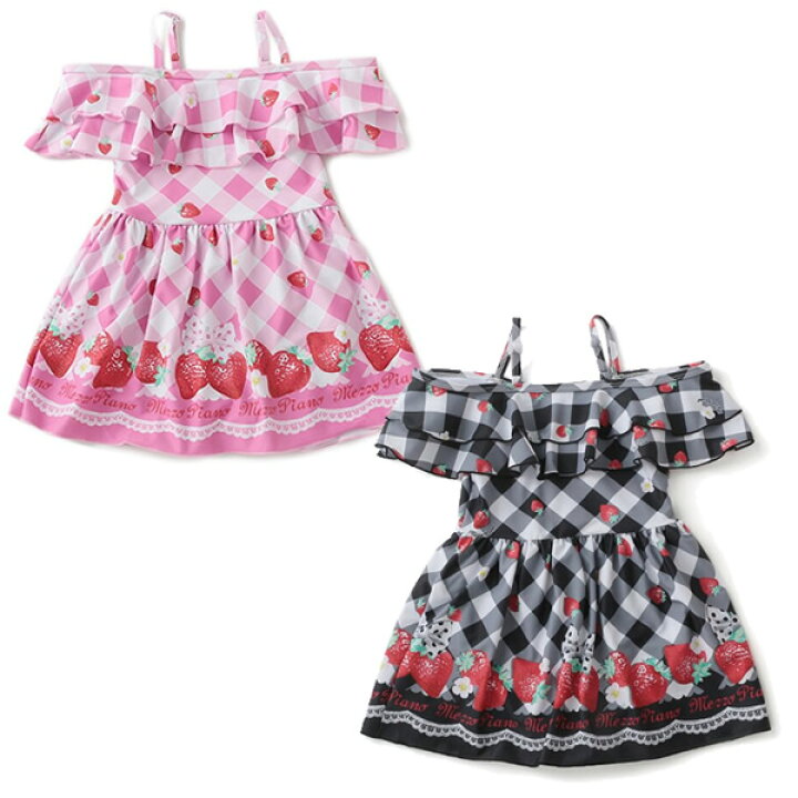 楽天市場 メゾピアノ Mezzopiano Uvケア ギンガム イチゴオフショルワンピース水着 ピンク クロ ブラック 90 100 110 1 130 140cm こにゃんこｂｒａｎｄ ｋｉｄ ｓ