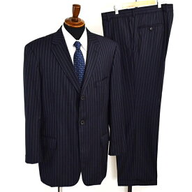 HUGO BOSS Super140's生地 3つボタン シングルスーツ XL AB9 ダークネイビー ストライプ ヒューゴボス 44823/120 夏物 春夏 6XE045 【送料無料】【中古】【メンズビジネス】202605
