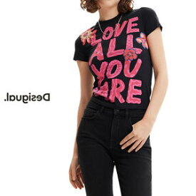 セール SALE 40%OFF Desigual デシグアル レディースファッション トップス 半袖 Tシャツ 花柄 メッセージプリント クルーネック インポート 30代/40代/50代 S/M/L/XL ブラック