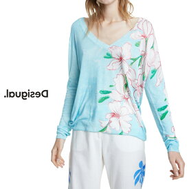 セール SALE 30%OFF Desigual デシグアル レディース ミセス ファッション トップス 長袖 春ニット Vネック 花柄 30代 40代 50代【サックスブルー】【M/L/XL/大きいサイズ】