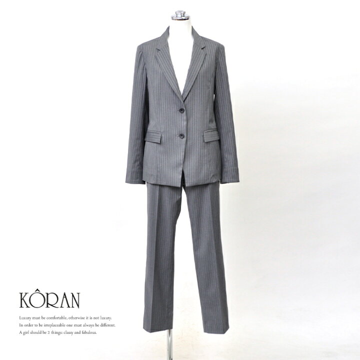 楽天市場 レディース パンツスーツ ビジネススーツ キャリア グレー ストライプ ウエストゴム オフィス 仕事 営業 卒業式 ママスーツ 母親 ファッション 30代 40代 50代 9号 11号 送料無料 Koran01 ブティック コーラン