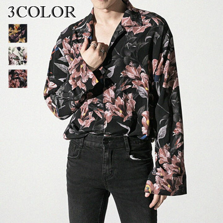 楽天市場 ポイント5倍 3色ルーズフィットレトロ柄シャツ メンズ ゆるシャツ レトロシャツ ルーズフィット ネイビー シャツ 花柄シャツ メンズ シャツ 花柄 ルーズシャツ ブラック 長袖 カジュアルシャツ ブラック メンズ 花柄シャツ ホワイト 花柄 カットソー Voce