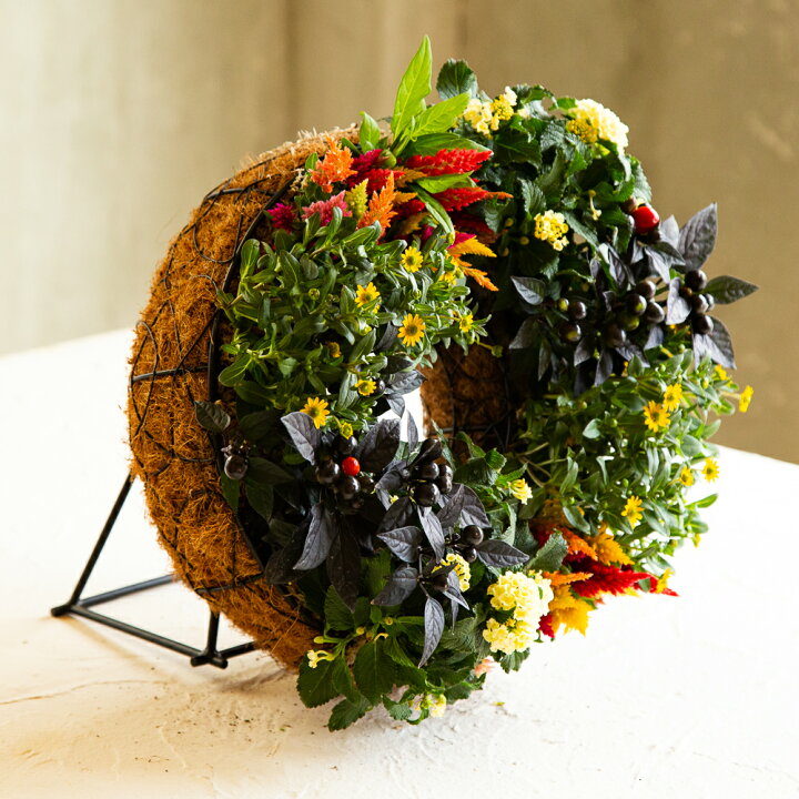 楽天市場 花のまちころぼっくる 季節の花のハンギングリース吊るす 立て掛ける 直置き寄せ植えリース ギャザリングおうち時間を楽しめる 花 のまちころぼっくる