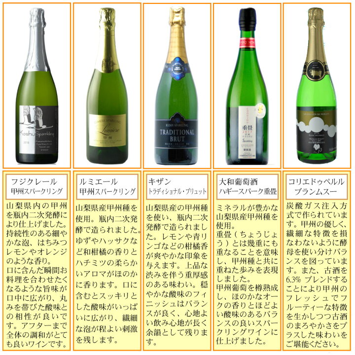 楽天市場 山梨の泡 5本セット 飲み比べ 母の日 父の日 ギフト 現行ヴィンテージ お祝い 誕生日 ありがとう 熨斗 プレゼント ワインセット 日本ワイン スパークリングワイン 泡 あわ 厳選 至極 Wine 家飲み パーティー あす楽 送料無料 甲州セラー凛花ウェブショップ