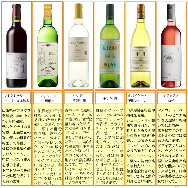 楽天市場 甲州ワイン注目生産者の定番６本セット 飲み比べ 現行ヴィンテージ ギフト 母の日 父の日 誕生日 ありがとう ワインセット 日本ワイン 赤ワイン ポリフェノール 白ワイン 厳選 至極 Wine 家飲み あす楽 送料無料 甲州セラー凛花ウェブショップ