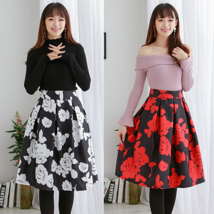楽天市場 3点以上1点990円 税別 3色花柄スカート Aラインフラワースカート 膝丈スカート パーティスカート ミモレ丈スカート ひざ丈 膝丈 フレアスカート 白黒レッド 春秋冬 バラローズ 美フレアスカート 美脚効果スカート 可愛い卒業式 入学式 入園式 卒園式 Kosin