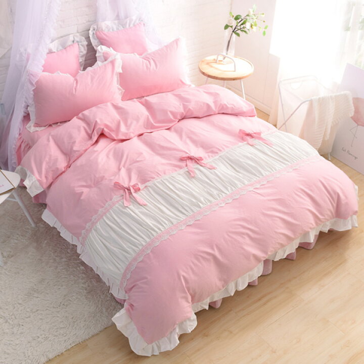 楽天市場 在庫一掃sale 綿100 布団カバー4点セット かわいい姫系カバーリング ベッドスカート 女の子 コットン布団カバー セット 可愛い 姫インテリア ロマンティック 女の子 お姫様掛け布団カバー 敷き布団カバー 枕カバー ピンク 天然素材 Kosin