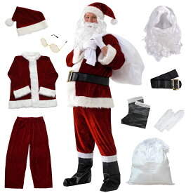 【DEAL 10%還元】【本格10点セット】サンタクロース 衣装 メンズ 大人 豪華 サンタ コスプレ 男性用 サンタコス コスチューム クリスマス 豪華 本格的 リアル XL 大きいサイズ 髭 ヒゲ ひげ カツラ ウィッグ 袋 イベント パーティー【全国送料無料・最強配送即納】
