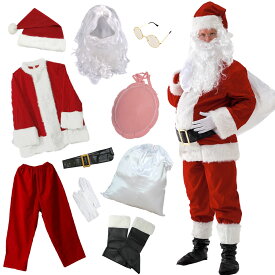 【サンタのお腹付き】【豪華11点セット】サンタクロース コスプレ 衣装 服 サンタコスプレ サンタ コス メンズ 男性 サンタコス クリスマス 本格的 XL リアル コスチューム 大人 大きいサイズ ヒゲ カツラ ウィッグ 袋 帽子 ひげ 髭 セット イベント パーティー