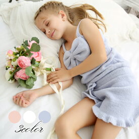 【3色】キッズ ルームウェア 女の子 モコモコ 上下セット リボン ノースリーブ ショートパンツ フリル ふわふわ 部屋着 パジャマ お泊まり 子供 3サイズ（80～90cm/100～110cm/120～130cm）（AKSYC07）