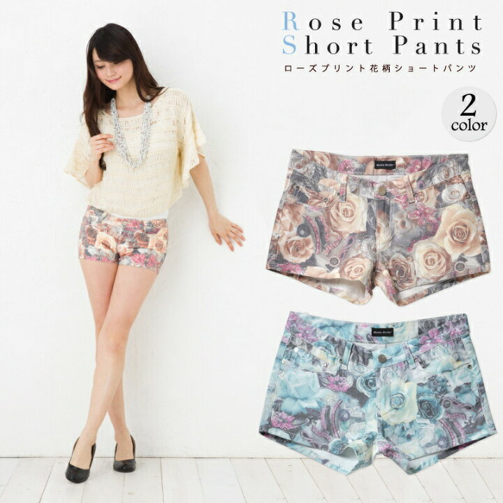楽天市場 レディース ショートパンツ 花柄 ホットパンツ ピンク ブルー ストレッチ素材 ポケット 可愛い ボタニカル 薔薇 バラ モニカモニカ 楽天市場店