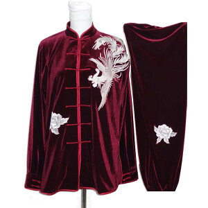 寒い冬に1着は欲しい!生地は厚めで暖かさ抜群!太極拳服 武術服 刺繍太極拳服 ナツメ色金糸絹銀鳳牡丹刺繍太極拳服