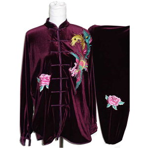 寒い冬に1着は欲しい!生地は厚めで暖かさ抜群!太極拳服 武術服 刺繍太極拳服 ナツメ色南韓金糸絹五彩鳳牡丹刺繍太極拳服