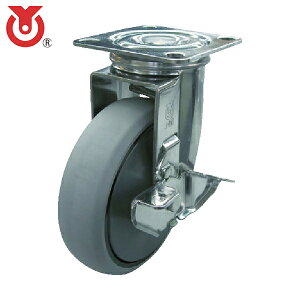 ユーエイキャスター プレート式 自在 ステンレスキャスター ウレタン 車輪径130mm ストッパー付き Jタイプ SUS-J-S型 取付寸法82×82(75×75) (1個) 品番:SUS-GUJ-130S