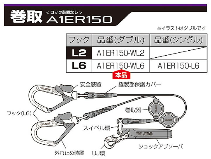 楽天市場】☆TAJIMA/タジマ A1ER150-WL6 ハーネス用ランヤード ER150 
