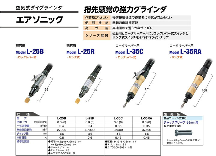 楽天市場】☆日東工器 L-25R エアソニック グラインダ 砥石用タイプ 