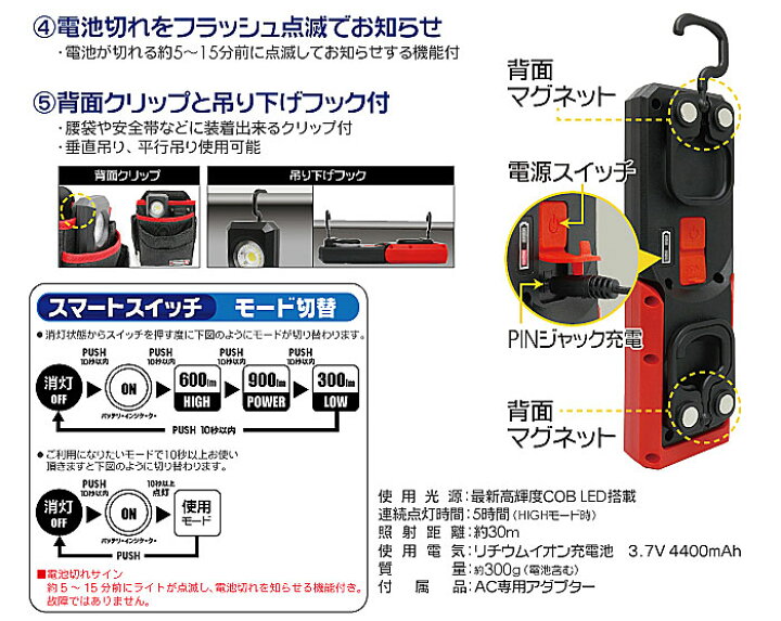 楽天市場】☆MARVEL/マーベル MWL-900R LEDワークライト 充電式 明るさ 