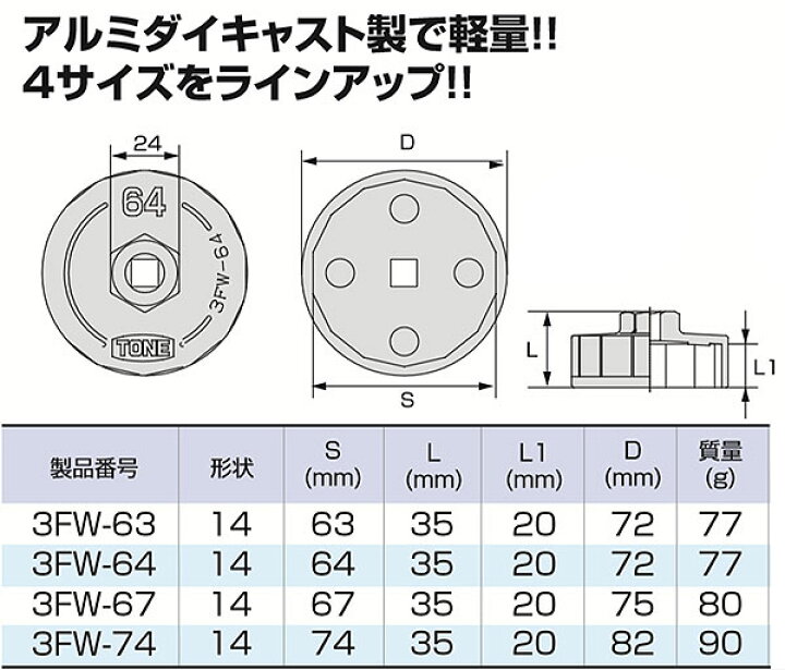 大人気 3FW-64 TONE トネ カップ形オイルフィルターレンチ 差込角9.5mm 内径64mm discoversvg.com