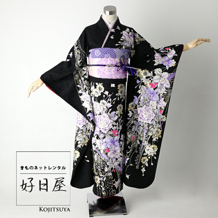楽天市場】【レンタル】 振袖 フルセット 正絹 適応身長157~172cm 黒 
