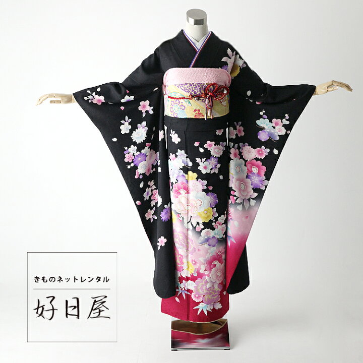 楽天市場】【レンタル】 振袖 フルセット 正絹 適応身長157~172cm 黒 
