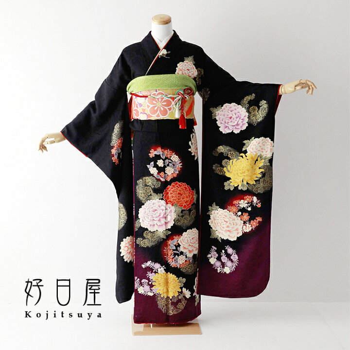 楽天市場】【レンタル】 振袖 フルセット 正絹 適応身長157~172cm 黒 