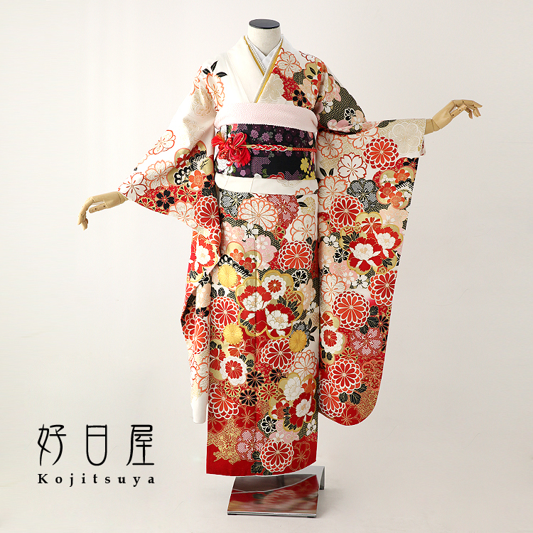 振袖 新品未使用正規品 日本製 レンタル 結婚式 送料無料 着物 適応身長146～161cm フルセット 白 wh-042 正絹