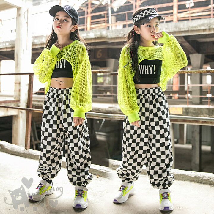 楽天市場 キッズ ダンス衣装 チェック柄 網トップス タンクトップ パンツ へそ出し ヒップホップ 女の子 チアガール 蛍光色 黒白 ステージ衣装 団体服 ジュニア 応援団1 170cm 送料無料 Koutorin
