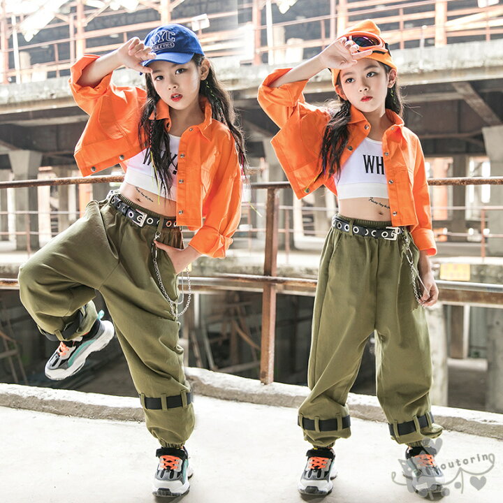 楽天市場 キッズダンス衣装 ヒップホップ 女の子 Hiphop 子供服 白ベスト オレンジ ジャケット グリーン パンツ チアガール ジャズダンス チアガール 応援団 へそ出し 練習着 体操服 発表会 Hiphop 演出服 おしゃれ 1 170cm送料無料 Koutorin