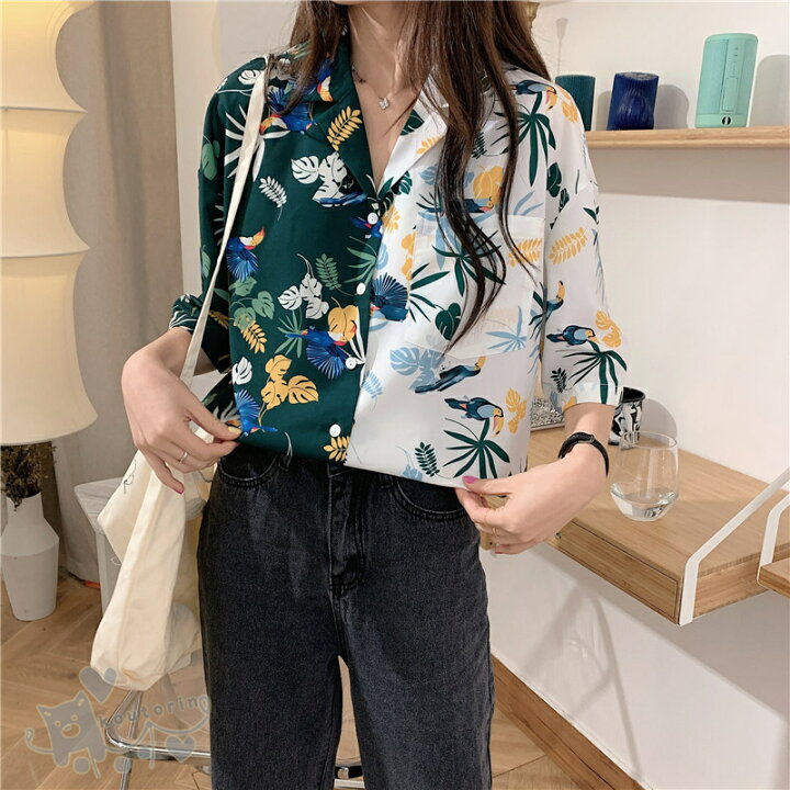 楽天市場 アロハシャツ レディース トップス 夏 シャツ 花柄 半袖 ボタニカル柄 バイカラーシャツ トップス ダンス 衣装 ヒップホップ コスチューム 開襟 浜辺 韓国ファッション 個性的 服 原宿系 送料無料 Koutorin