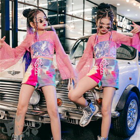 キッズ ダンス衣装 セットアップメッシュ長袖トップス ベスト タイダイ柄 ショートパンツ へそ出し 女の子 舞台服 演出服 K-POP ステージ衣装 練習着 体操服 応援団 120-160cm 送料無料