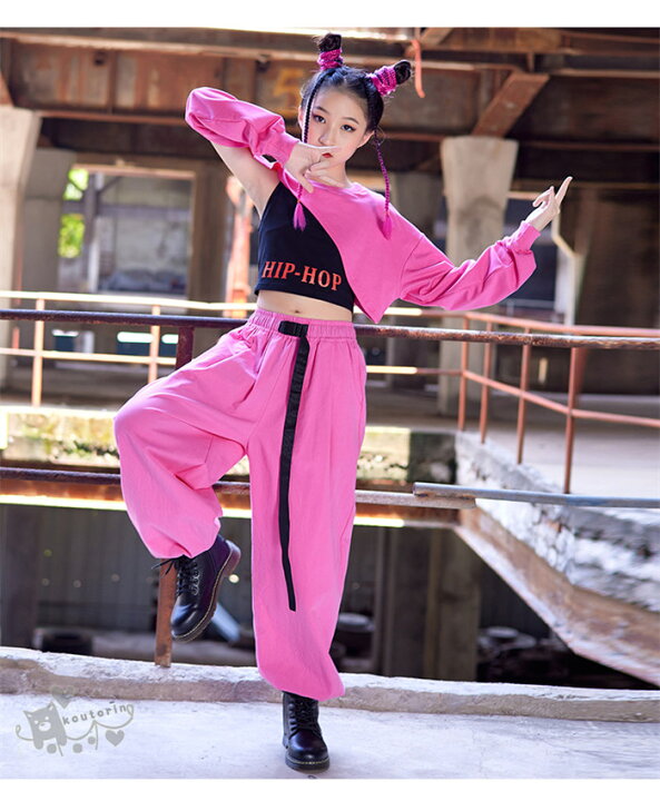 楽天市場】ダンス衣装 ヒップホッ 黒ベスト ピンク 無地 長袖  
