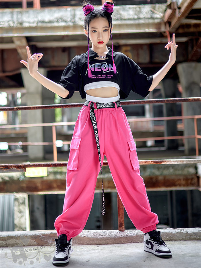 韓国子供服 HIPHOP 夏 キッズダンス衣装 ヒップホップ 女の子 ジャズダンス ステージ衣装 jazz 練習着 上下セット 半袖 パンツ ブラックTシャツ