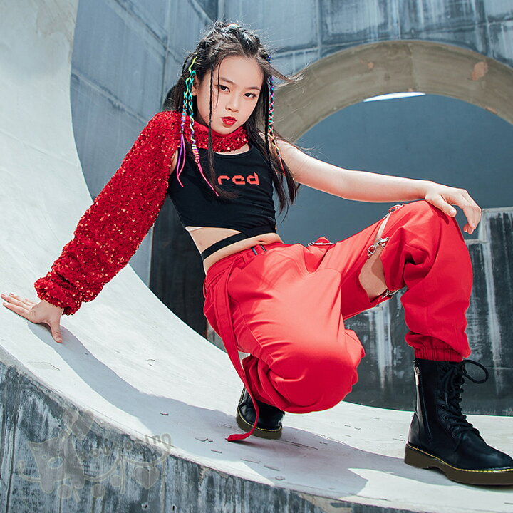 楽天市場 キッズ ダンス衣装 セットアップ 赤 ワンショルダー 黒ベスト レッドパンツ 女の子 へそ出し 舞台服 演出服 K Pop ステージ衣装 練習着 体操服 応援団1 170cm 送料無料 Koutorin