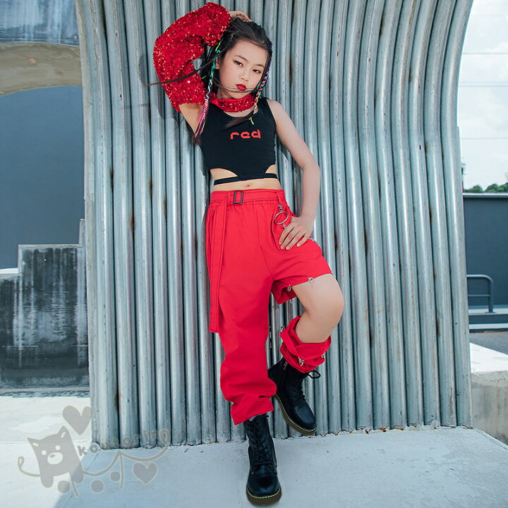 楽天市場 キッズ ダンス衣装 セットアップ 赤 ワンショルダー 黒ベスト レッドパンツ 女の子 へそ出し 舞台服 演出服 K Pop ステージ衣装 練習着 体操服 応援団1 170cm 送料無料 Koutorin