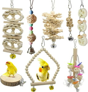 バードトイ 鳥おもちゃ オウムブランコ 鳥グッズ 鳥の遊び場 吊下げタイプ玩具 セキセイインコおもちゃ 噛む玩具 原木 (8点セット)