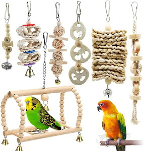 バードトイ 鳥おもちゃ オウムブランコ 鳥グッズ 鳥の遊び場 吊下げタイプ玩具 セキセイインコおもちゃ 噛む玩具 組み合わせ 棚 台 原木塗料不使用 (7点セット)