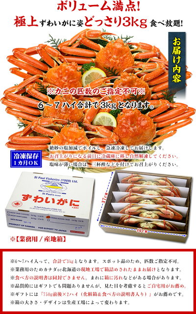 【緊急スポット入荷】送料無料9,999円!2個購入で300円OFFクーポンあり!格安販売のためお一人様2個まで!ボイルずわいがに姿3kg(4〜6ハイ入り/サイズ選択不可)※食べ方の説明書は同封できません。【カニ】【かに】【蟹】