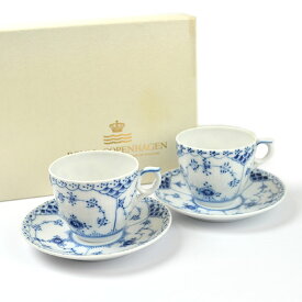 Royal Copenhagen ロイヤルコペンハーゲン ブルーフルーテッド フルレース ペア カップ ＆ソーサー 2客 セット 【中古】b-2408