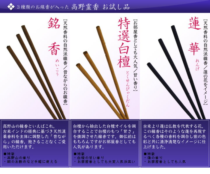 楽天市場 メール便送料無料 線香 高野山のお線香 高野霊香 3種サンプルセット 銘香 特選白檀 蓮華 香老舗 高野山大師堂