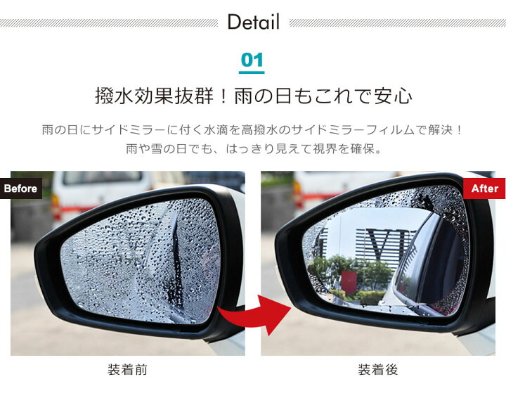 楽天市場 メール便送料無料 撥水 サイドミラー フィルム 親水フィルム サイドガラス 4枚セット 水で貼るだけ ドアミラー 防水 撥水 防眩 防滴 防曇 防汚 バックミラー カー用品 貼るだけ サイドミラーシール ステッカー 水滴 ハイビーム反射 サイドミラーフィルム Y5
