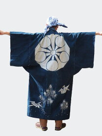 リバーシブル コート 筒書き 木綿 藍染 袷　0064着物リメイク ポンチョ マント 藍染め 【中古】古布 古裂 JAPAN japanese antiquecotton vintage clothNoragi Boro Edo period indigo-dyed old cloth kimono remake