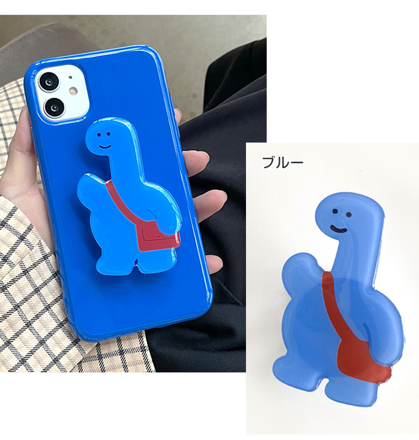 韓国　ポップソケット　韓国　スマホグリップ　iPhone 恐竜ブルー