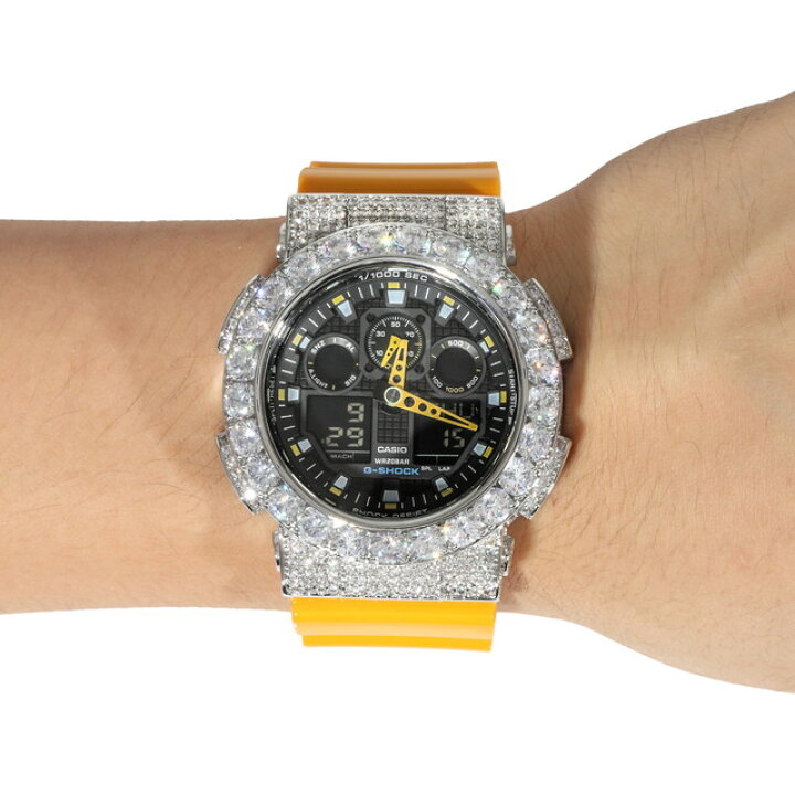 楽天市場】カスタム Gショック GA100 イエロー G-SHOCK 大粒CZダイヤ 