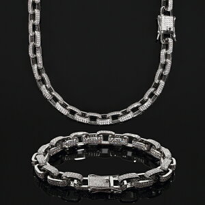 オーディンリンクチェーン フルCZダイヤ(キュービックジルコニア)ネックレス&ブレスレットセット ホワイトゴールド ORDIN LINK CHAIN 幅10mm USラッパー 18KGOLD Kronic クロニック ギフト プレゼント クリスマス 時計 メンズ レディース お祝い 誕生日