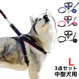 Lサイズ ペット用品 犬 首輪 ハーネス リード セット ナイロン デニム製 お散歩用 中型犬 3点セット